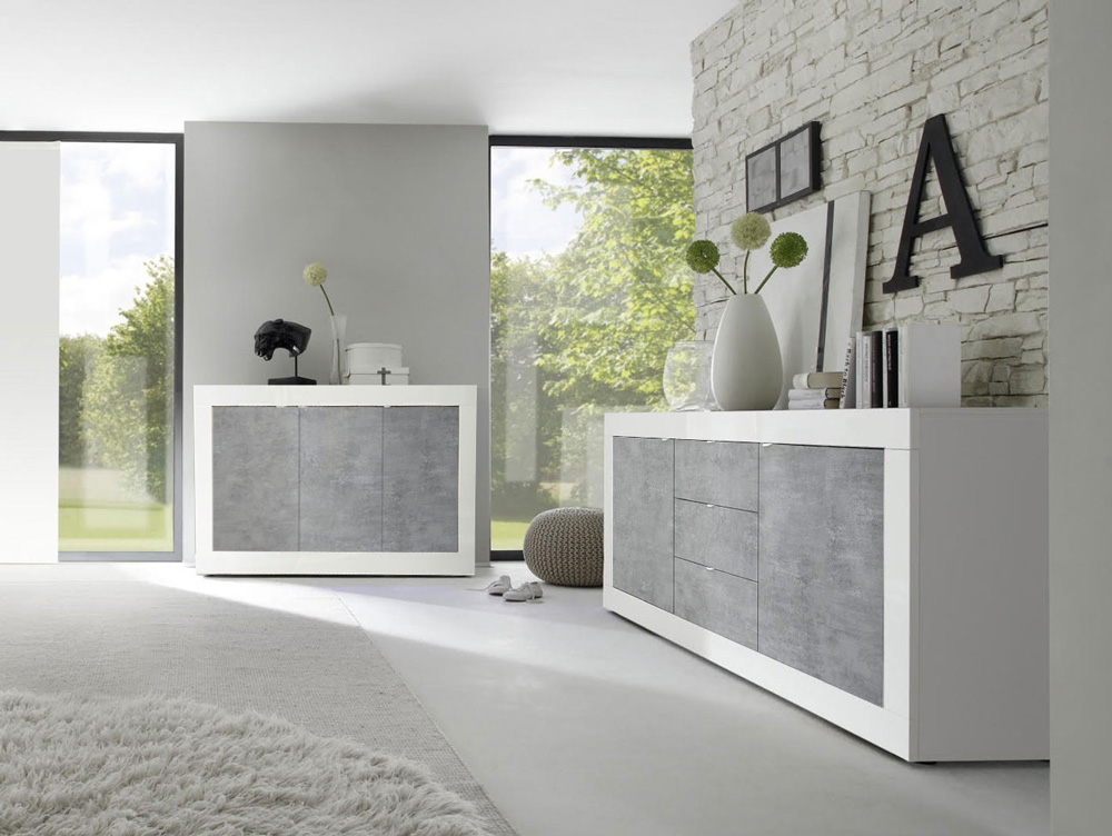 Soggiorno moderno bianco lucido e Cemento con Madia 3 ante e Madia 2 ante 3 cassetti