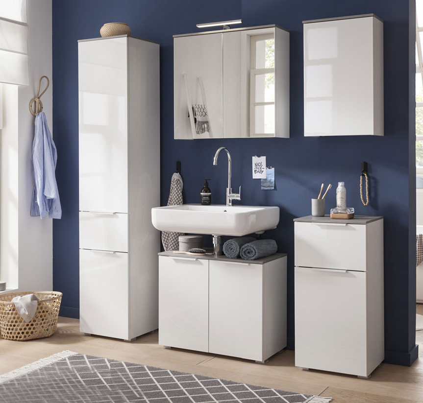 Bagno moderno completo, finitura Bianco Laccato e top Grigio Cemento