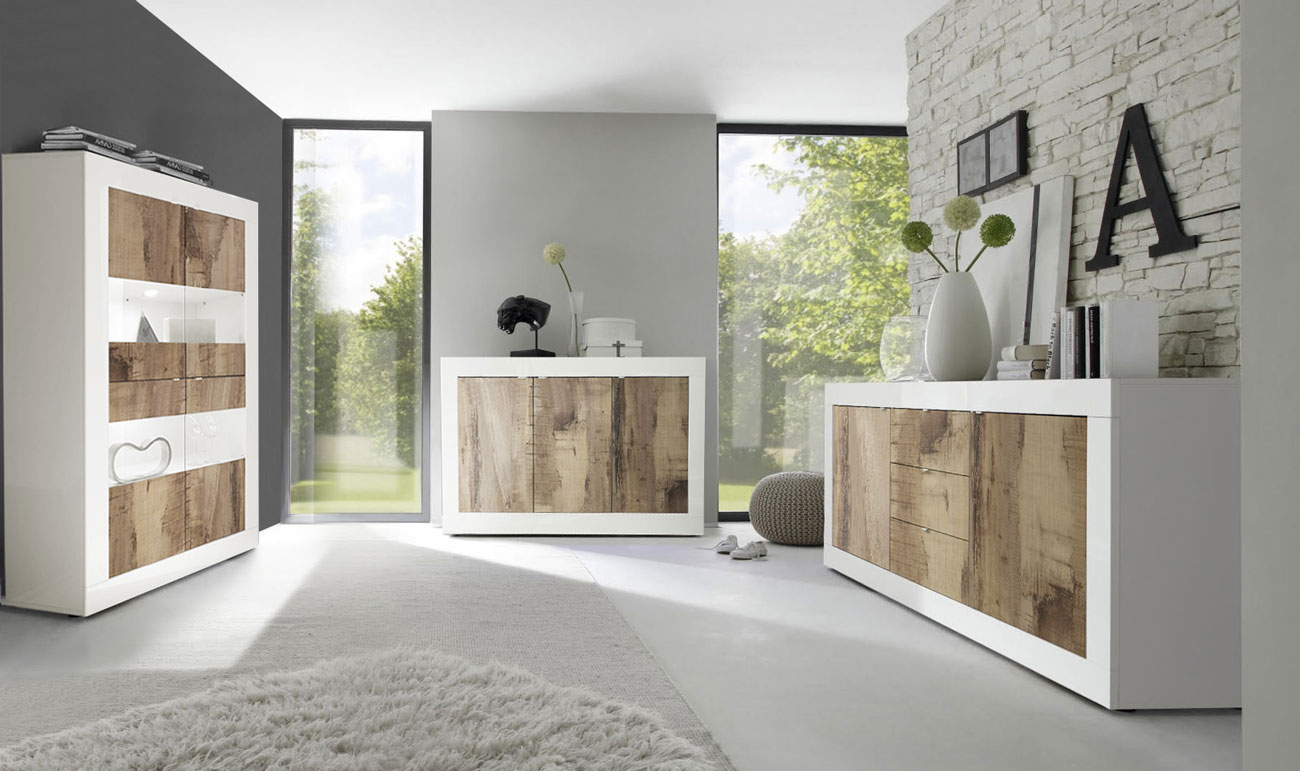 Soggiorno bianco lucido e Pero con Vetrina, Madia 3 ante e Madia 2 ante 3 cassetti