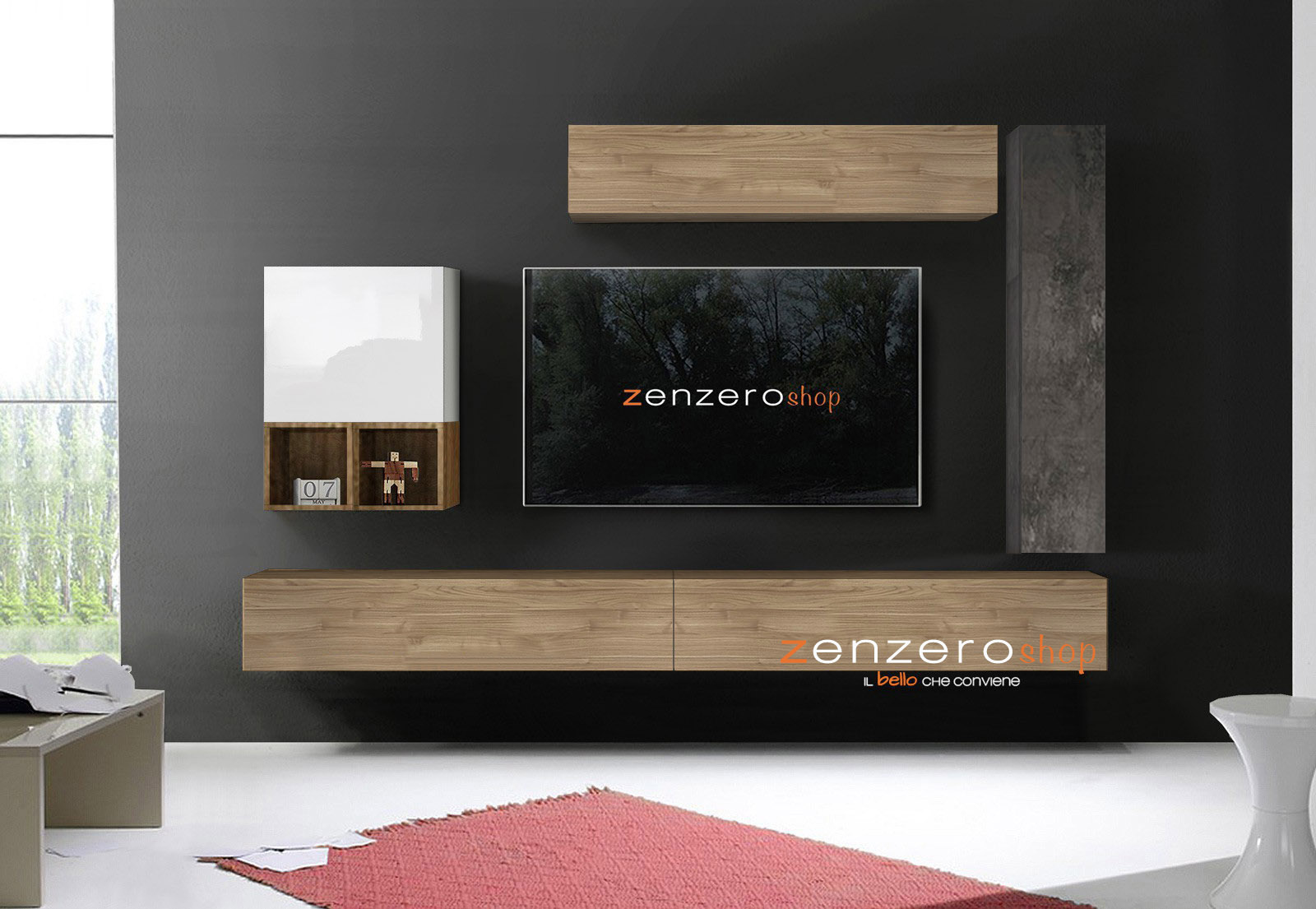 Soggiorno Zenzero, parete attrezzata con pensili in Cadiz, Miele, Bianco Lucido e Piombo