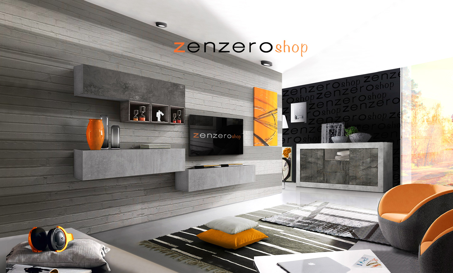 Sala moderna composta da parete attrezzata e madia, Ossido, Beton e Rovere grigio