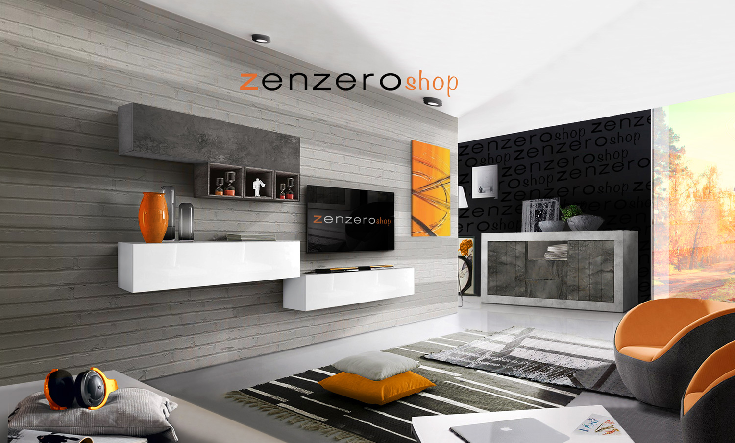 Sala moderna composta da parete attrezzata e madia, Ossido, Beton, Bianco Lucido e Rovere grigio