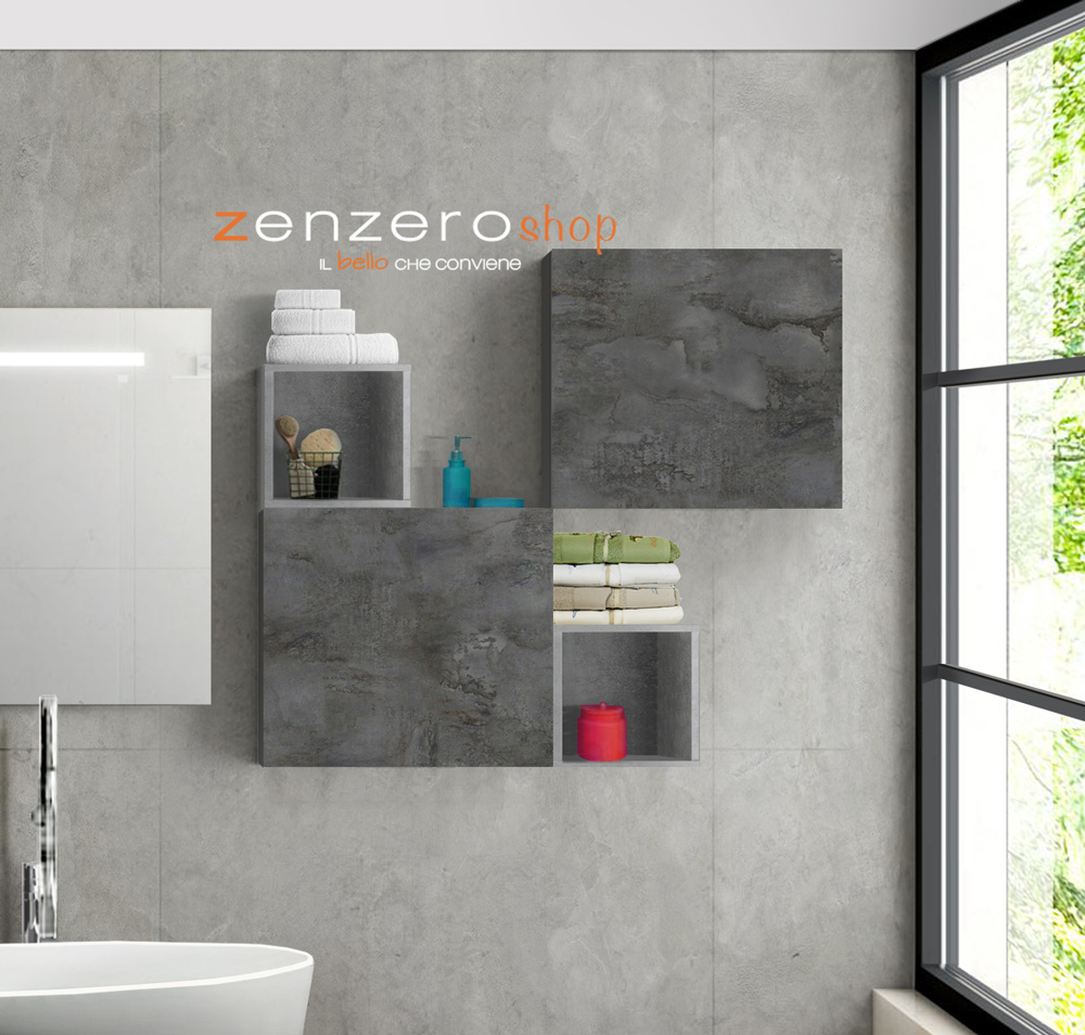 Mobiletti pensili per bagno in finitura Ossido, Gesso e Beton