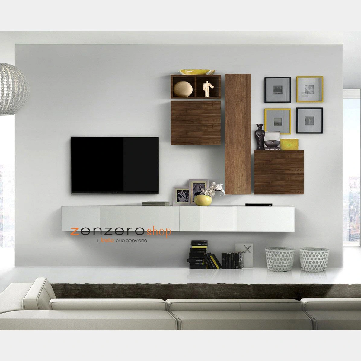 Soggiorno Zenzero, parete attrezzata, design moderno, Bianco lucido, Mercure e Noce Dark