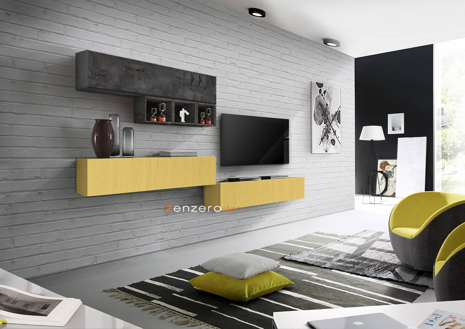 Soggiorno Zenzero, parete attrezzata, moderna e di design, Piombo, Beton e Giallo