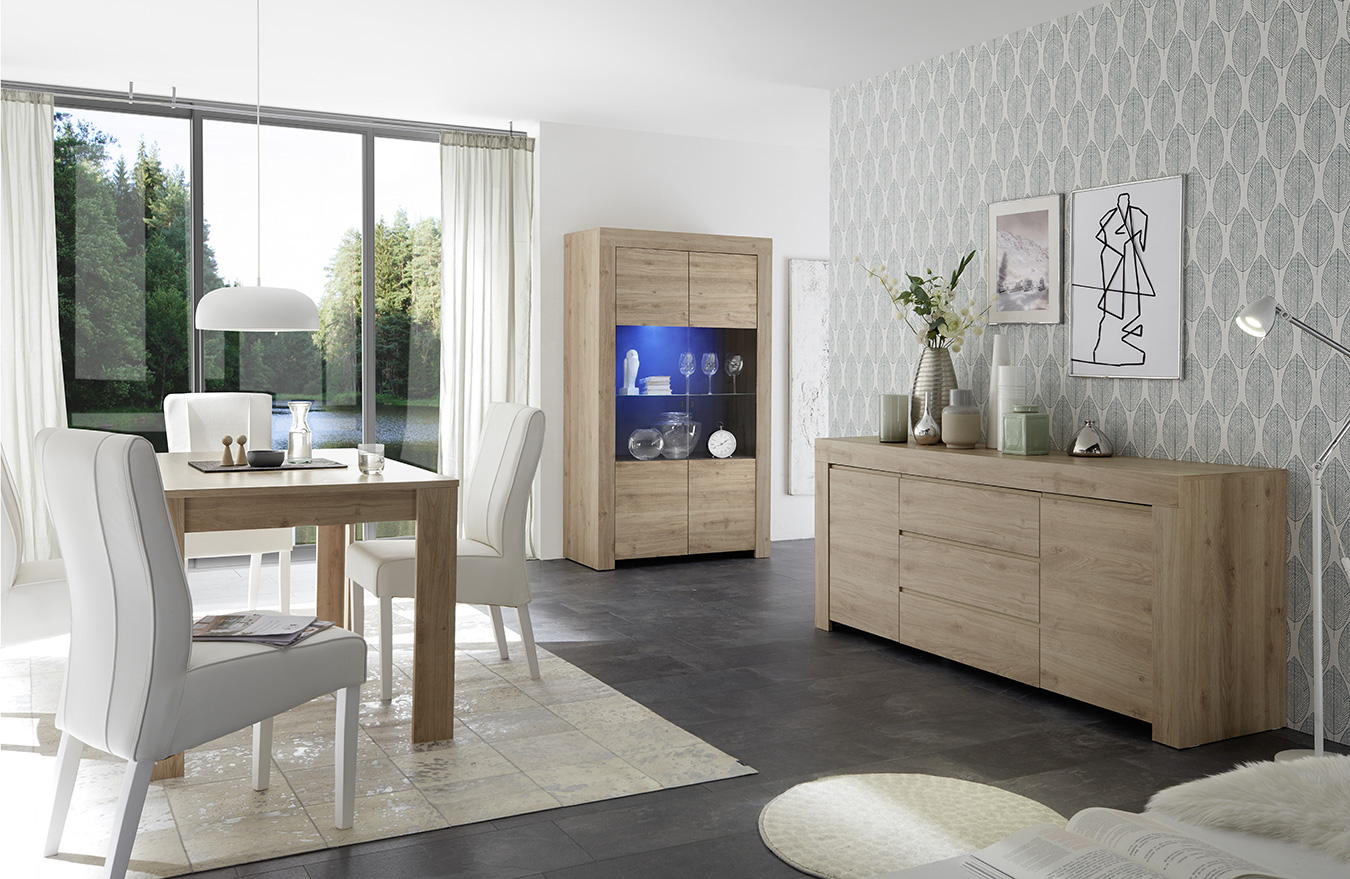 Sala di design composta da Vetrina, Madia e Tavolo allungabile, finitura Rovere Cadiz