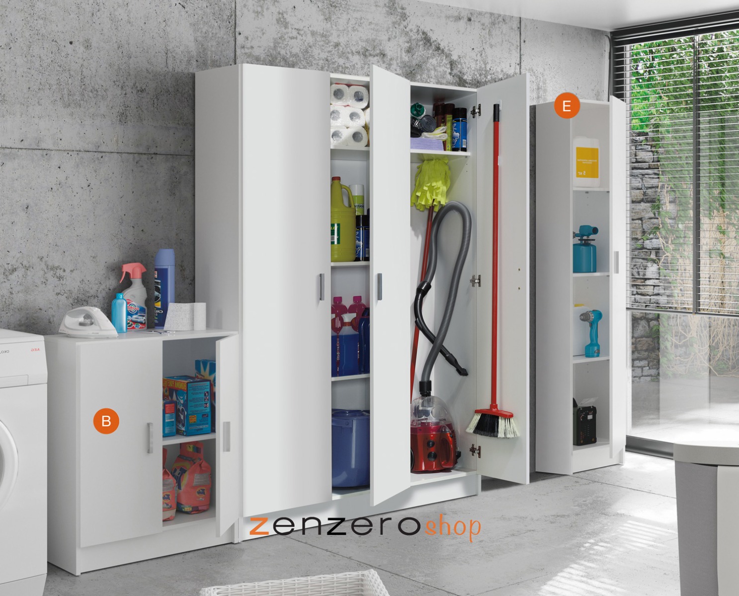 Armadi porta scope a 3 ante battenti, finitura bianca