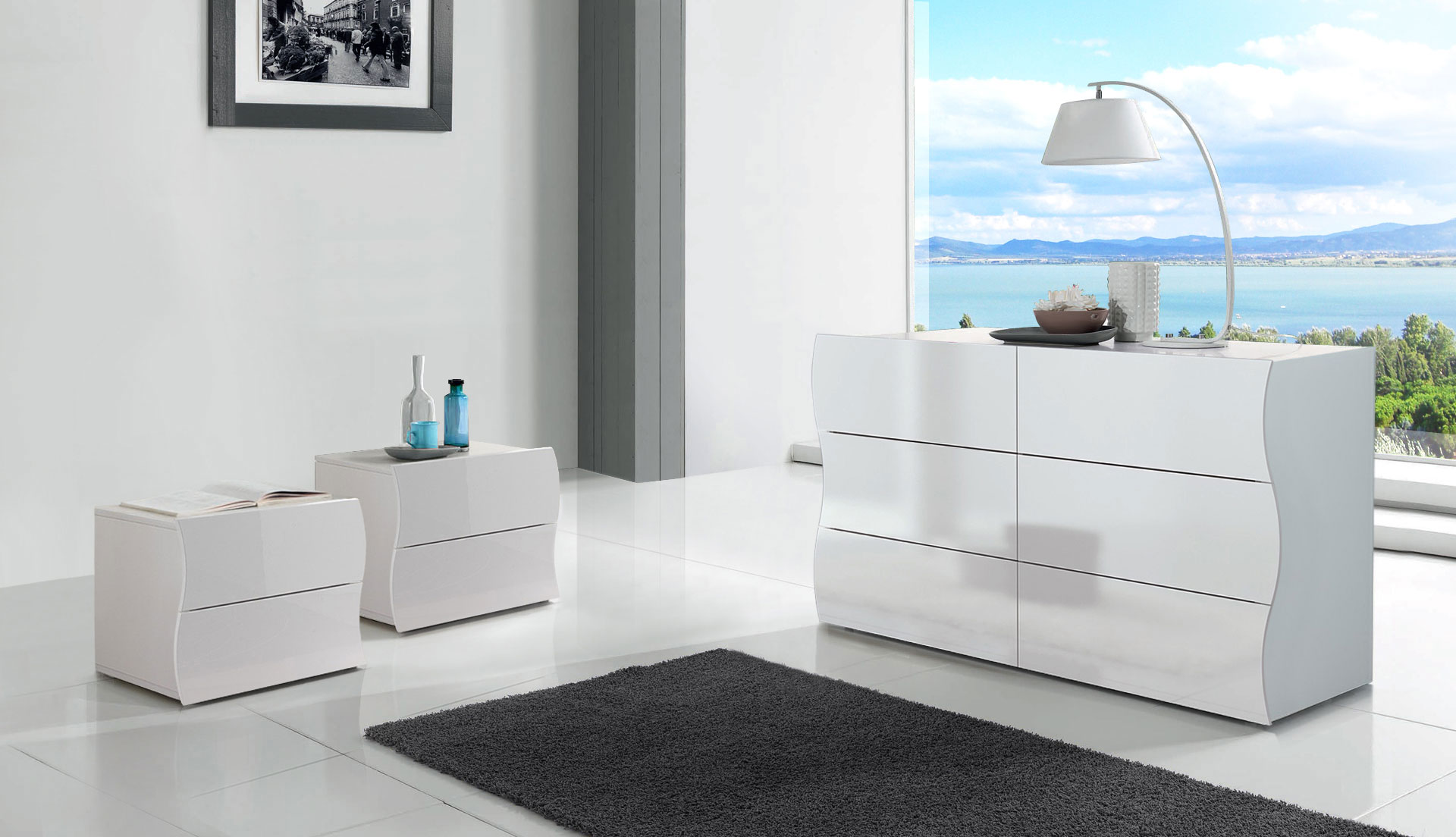 Set Completo Comò e Comodini, bianco lucido, linea onda