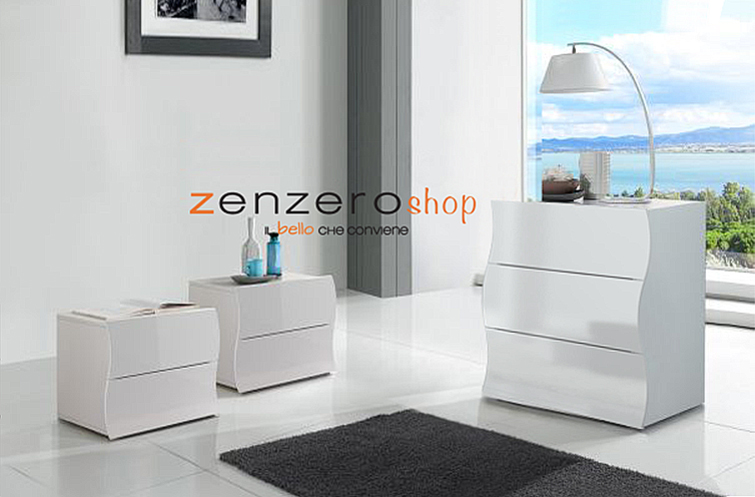 Set Completo, Comò e Coppia Comodini, bianco lucido, linea onda