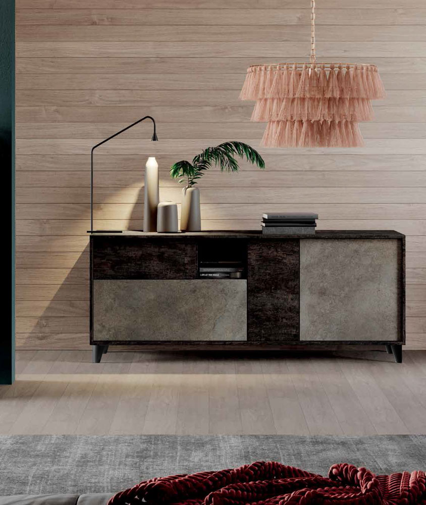 Madia moderna a 3 ante 1 cassetto, finitura Legno bruciato e Ardesia chiaro