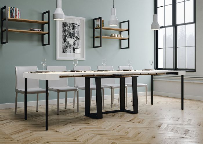 Consolle allungabile di design, Bianco frassino con telaio in metallo