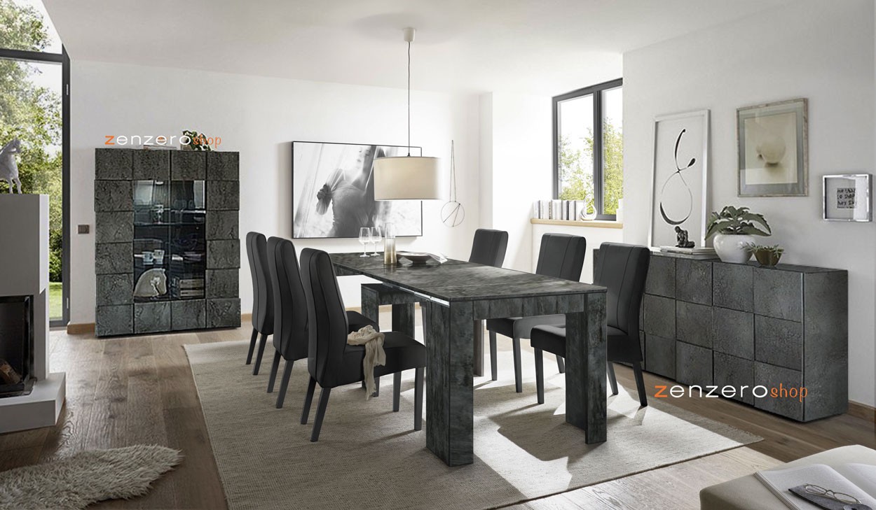 Sala da pranzo completa con madia, consolle e vetrina, finitura Ossido
