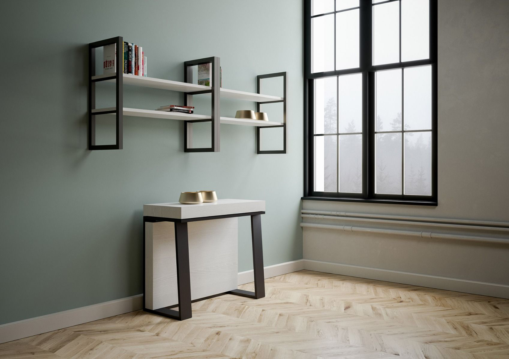 Consolle allungabile di design, Bianco frassino con telaio in metallo