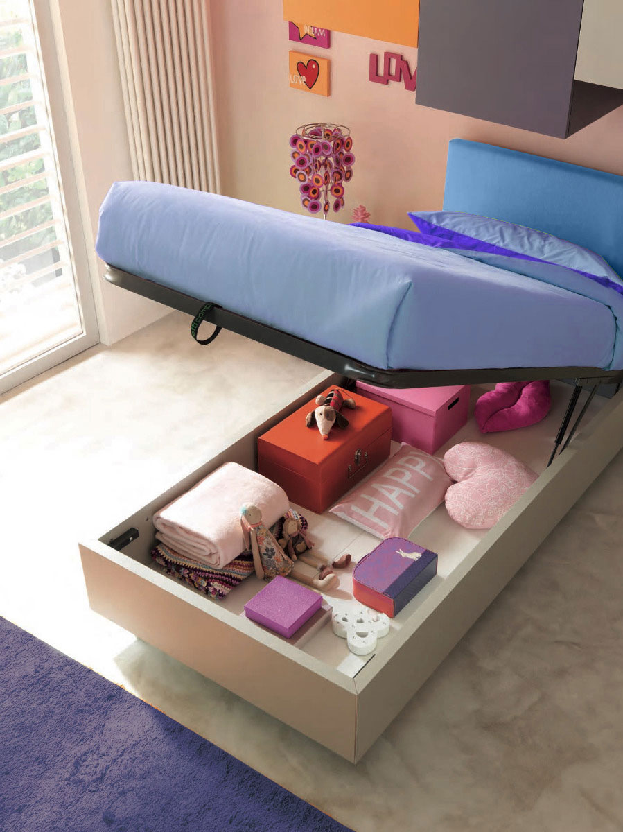 Letto singolo contenitore Zen Moretti Compact, tessuto VL 17 e Crema laccato