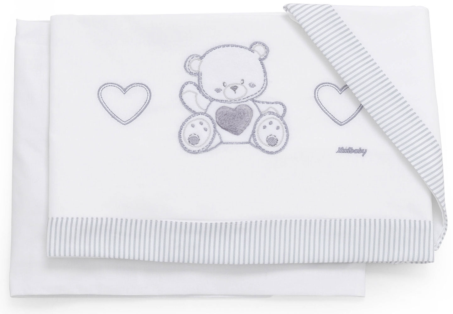 Culla Mr.Bear bianca e grigia con ruote, decori con orsetti