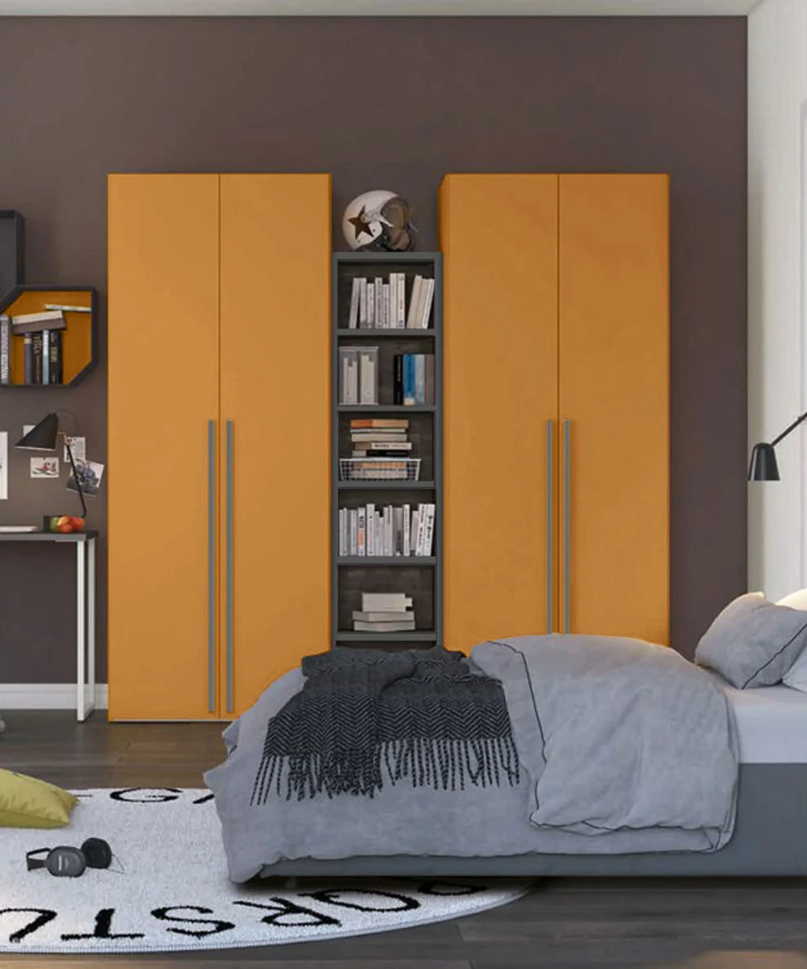 Armadi 2 ante battenti con libreria 5 ripiani, finitura Miele e Grigio Titanio