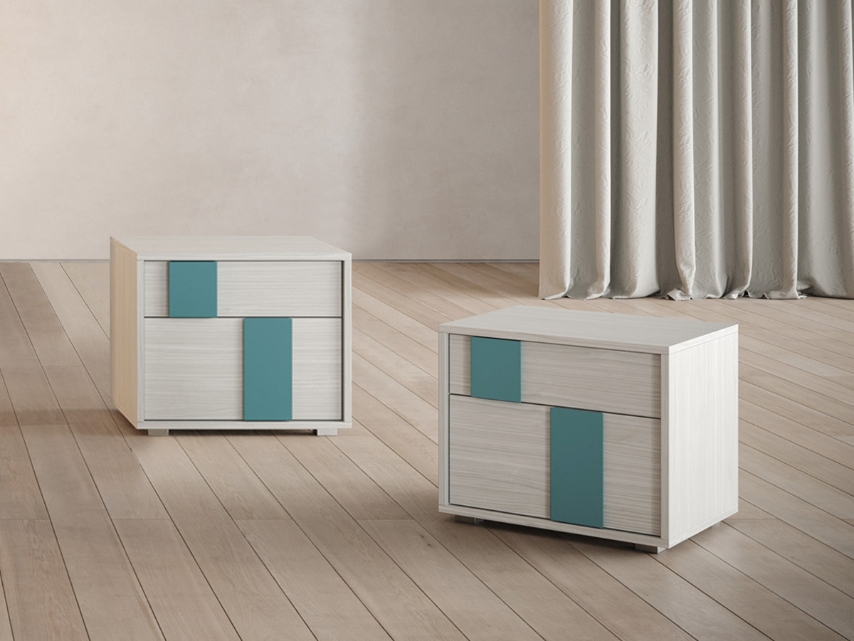 Spaziosi comodini colorati Ceruleo laccato opaco e Cenere wood