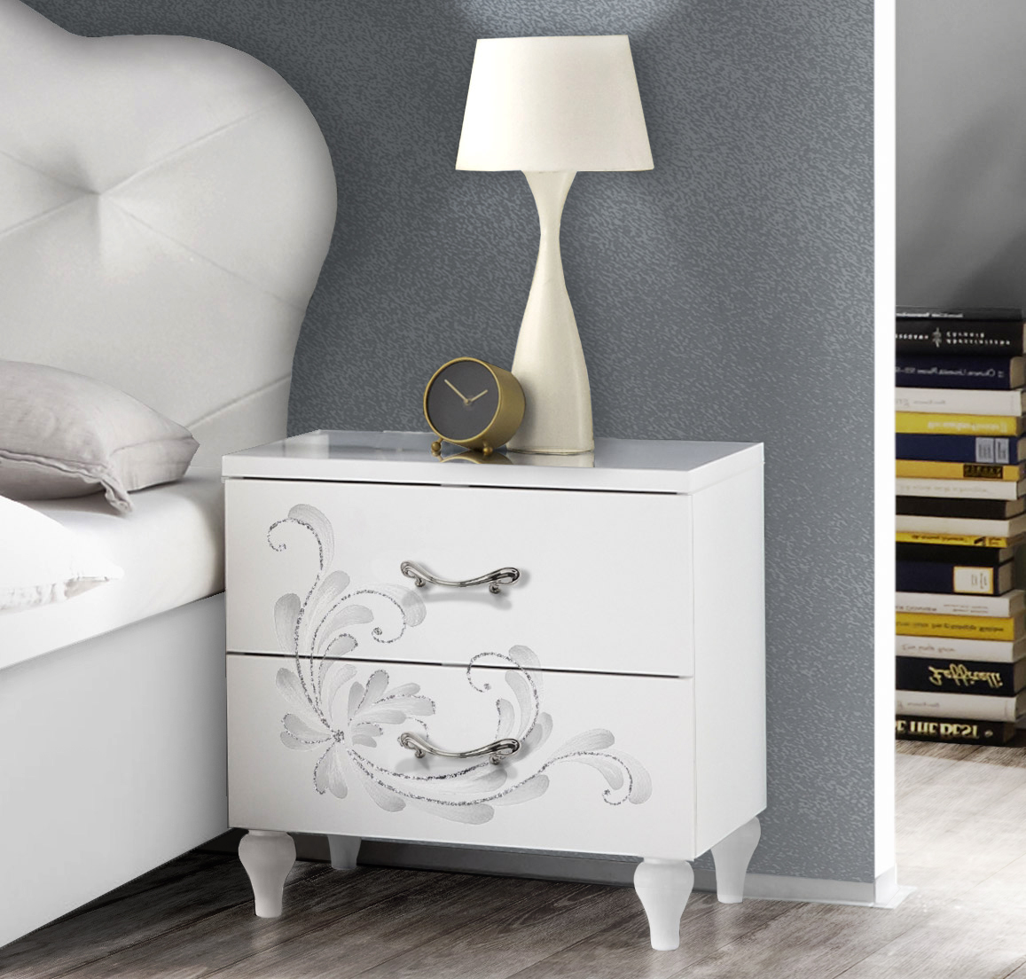 Comodini con serigrafie floreali a 2 cassetti, Bianchi
