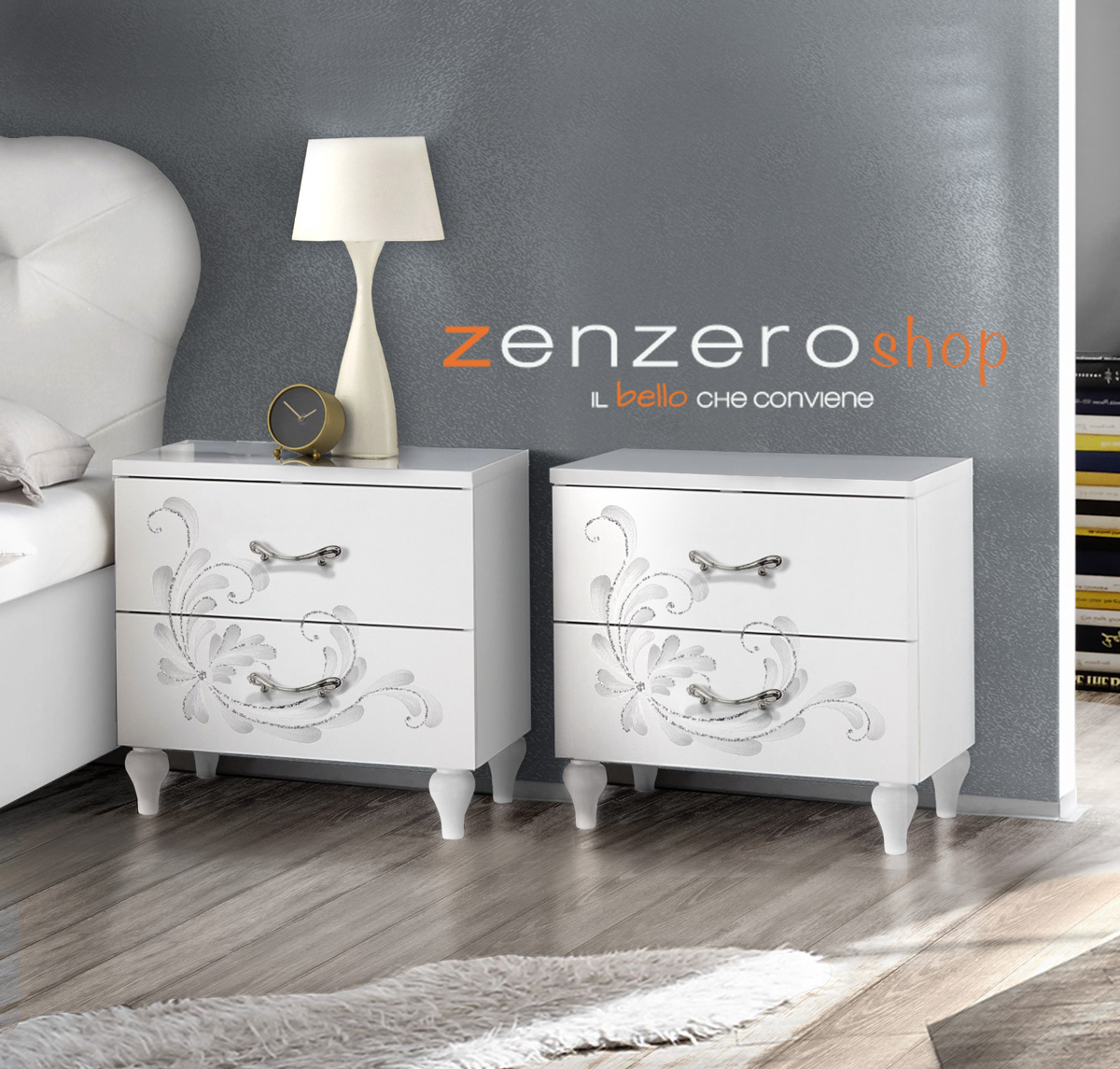 Comodini con serigrafie floreali a 2 cassetti, Bianchi