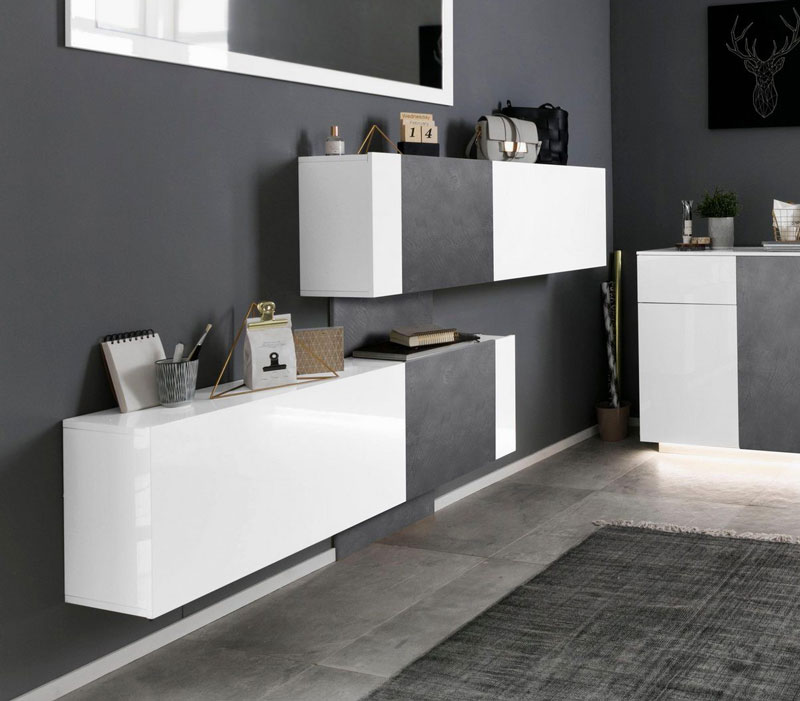 Scarpiera doppia, design orizzontale e moderno, finitura Bianco Lucido e Ardesia