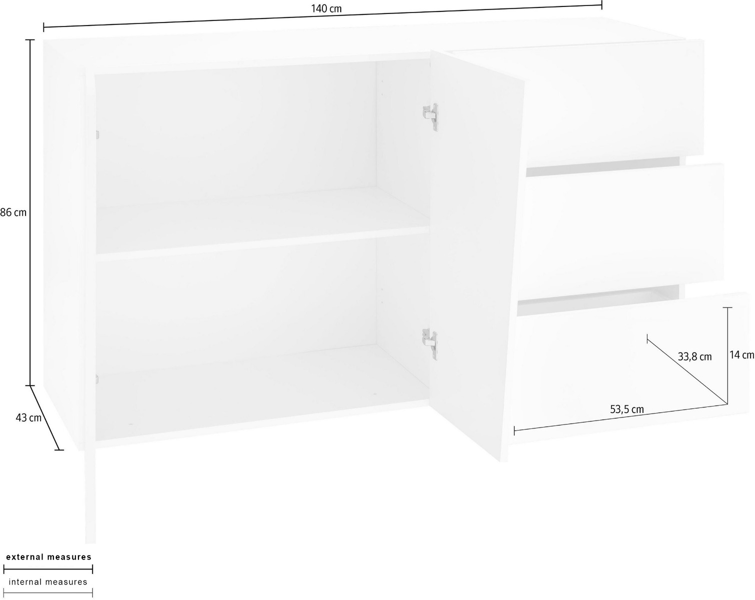 Credenza Moderna, 2 ante, 3 cassetti, finitura Ardesia