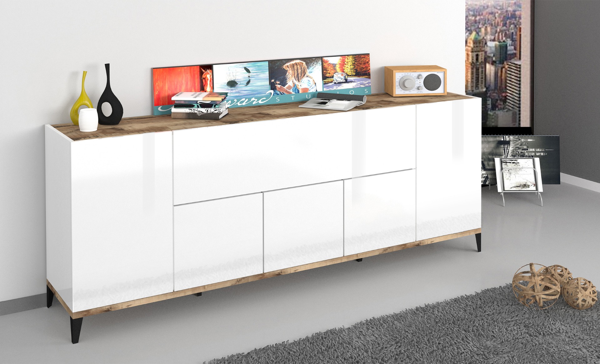 Credenza moderna 200 cm Bianco lucido e Pero