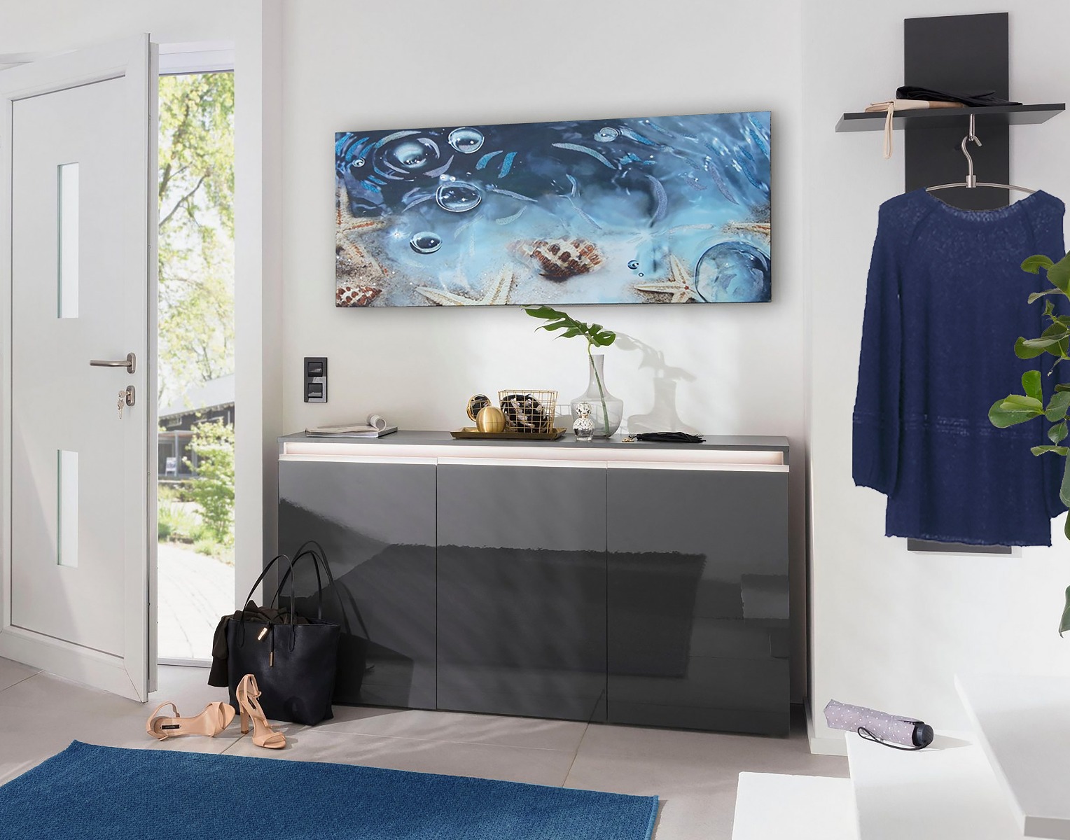 Madia moderna 3 ante, finitura Antracite laccato lucido, maniglie a gola