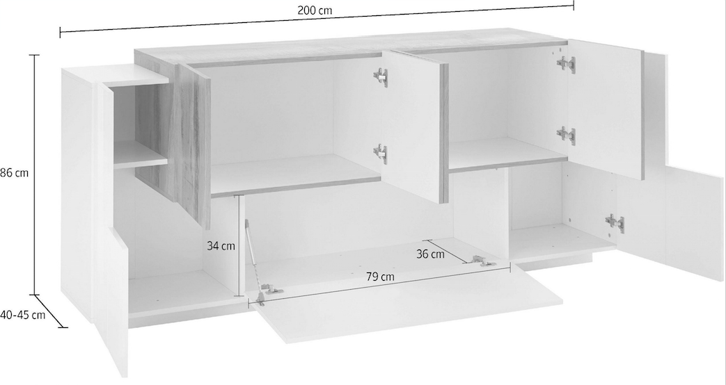 Credenza moderna 6 ante  e una ribalta in Bianco lucido e Pero