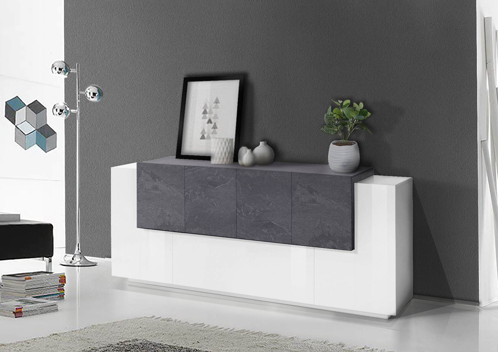 Credenza 6 ante battenti e una ribalta in Bianco lucido e Ardesia