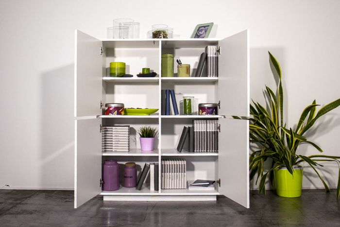 Salotto con madia alta, porta TV e madia 4 ante finitura bianco lucido Zenzero Shop