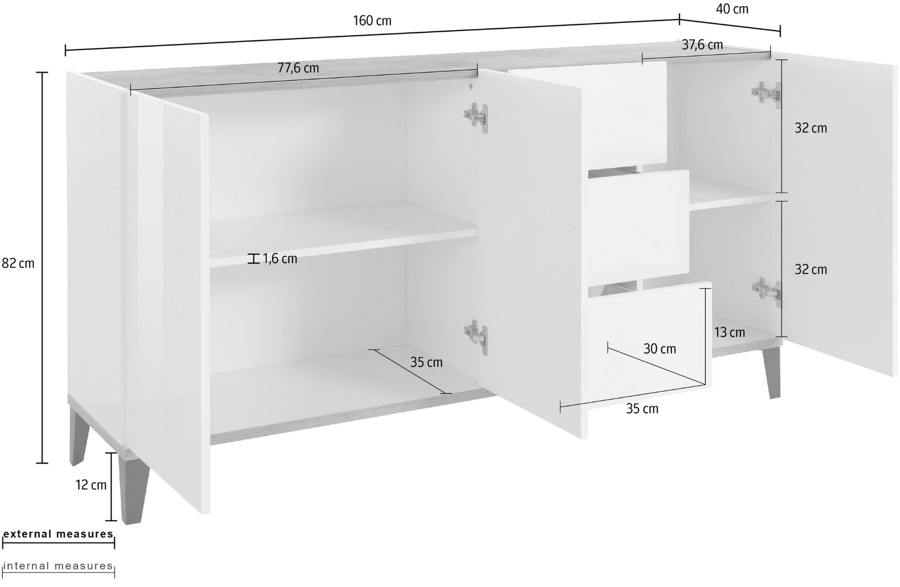Madia Levante Bianco lucido e Ardesia, 3 ante 3 cassetti