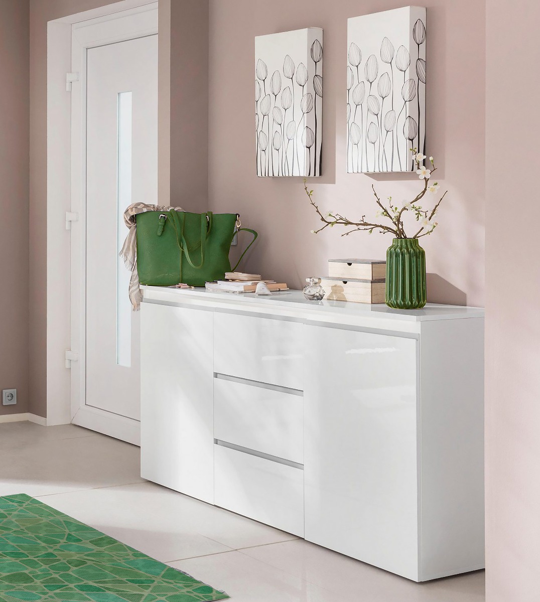 Madia moderna Bianco laccato lucido con maniglie a gola, 2 ante 3 cassetti