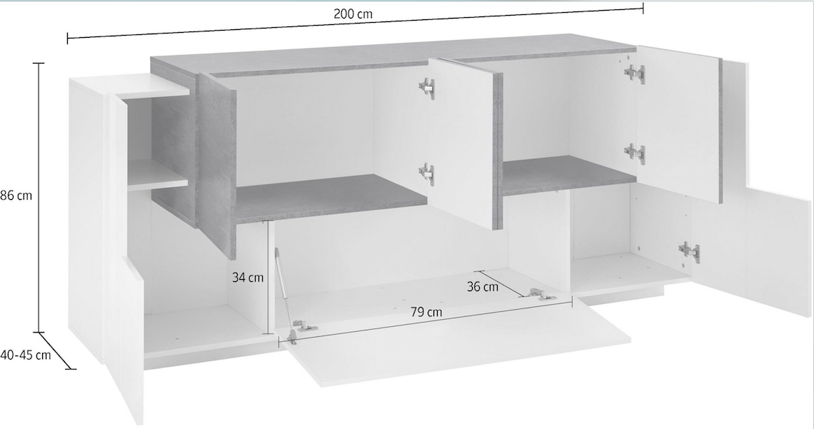 Credenza 6 ante battenti e una ribalta in Bianco lucido e Ardesia
