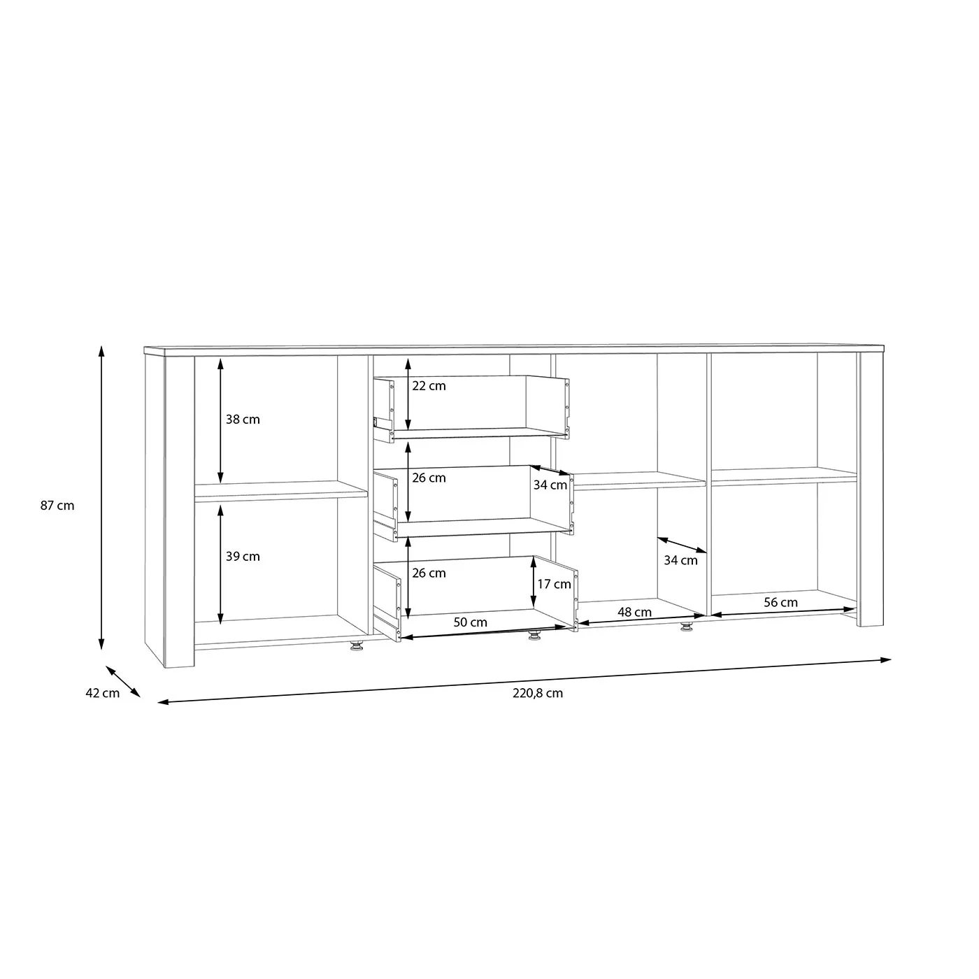 Madia Rovere riviera e Rovere grigio, 3 ante 3 cassetti, L.221 H.87