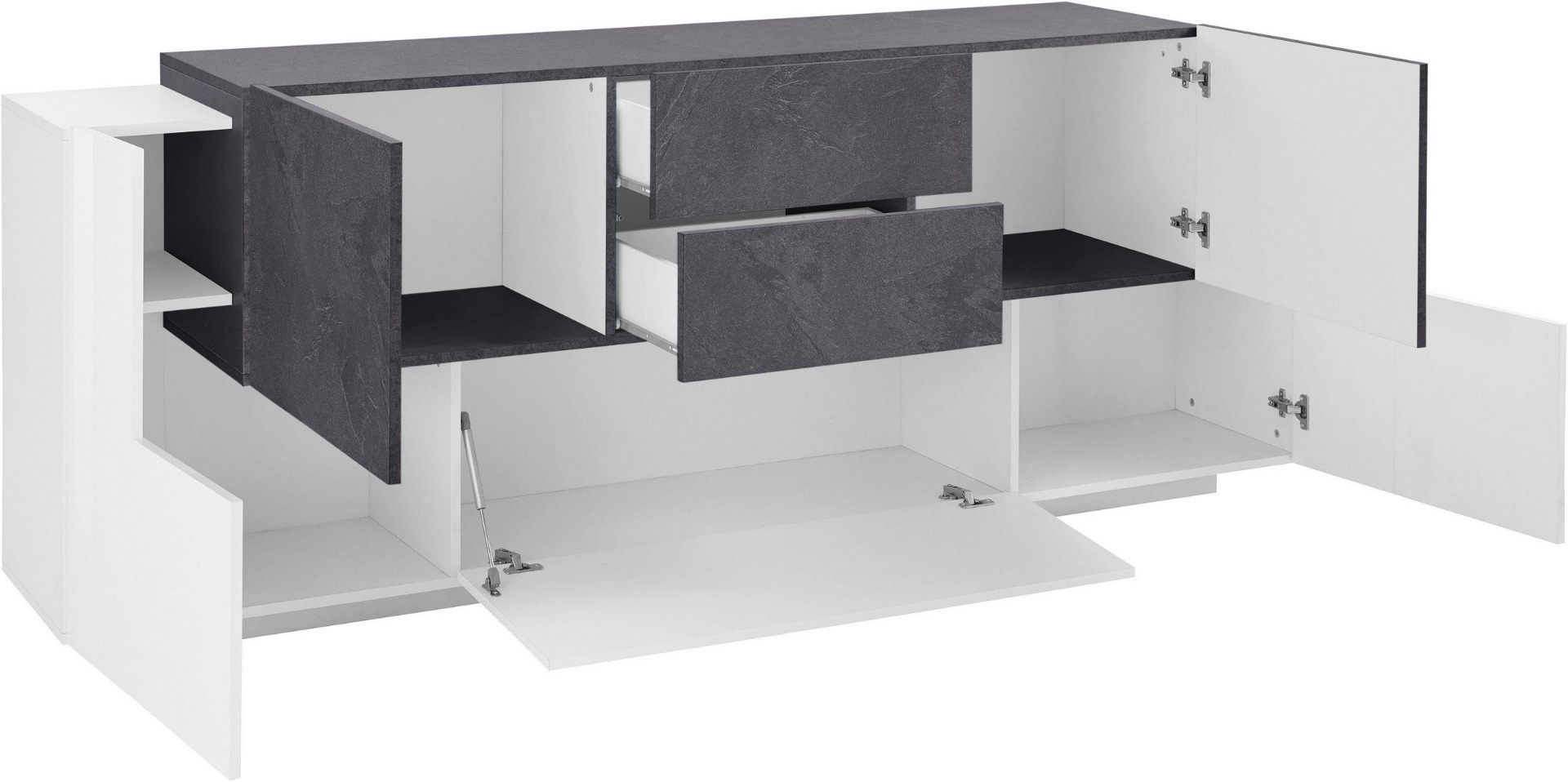 Credenza moderna L.220, Bianca e Ardesia con ante e cassetti