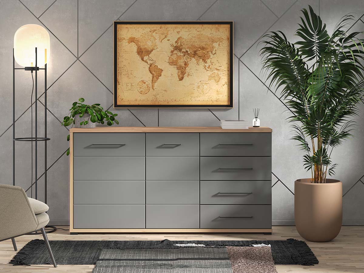 Credenza moderna 4 cassetti e 2 ante, Grigio grafite e Rovere
