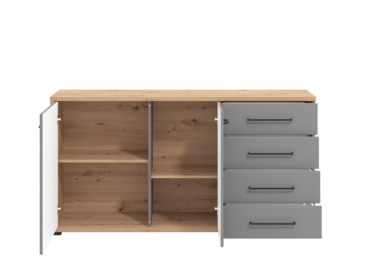 Credenza moderna 4 cassetti e 2 ante, Grigio grafite e Rovere