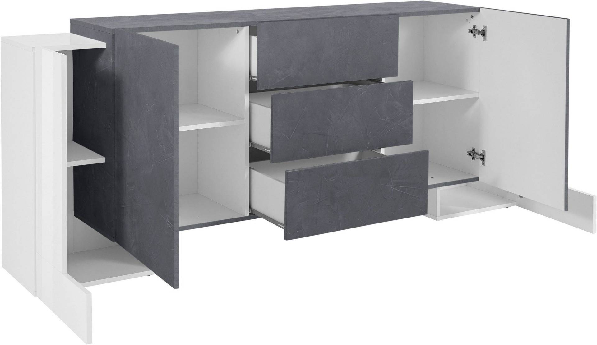 Credenza moderna Ardesia e Bianco lucido, 3 cassetti e 4 ante
