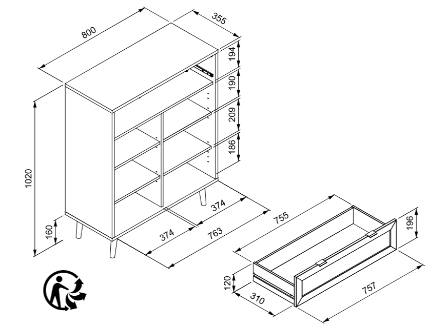 Madia Kara con 2 ante ed un cassetto in finitura Quercia e Rafia