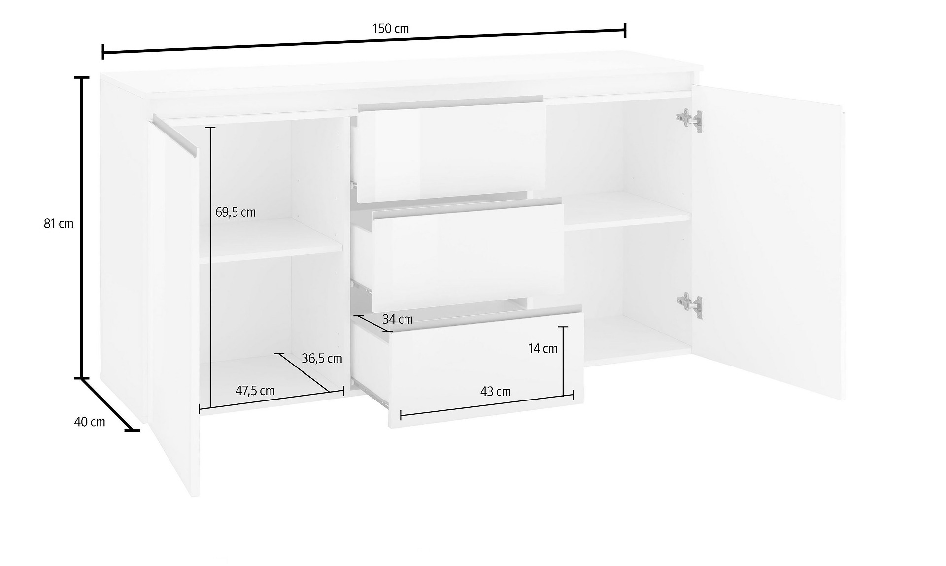 Madia moderna Antracite con maniglie a gola, 2 ante 3 cassetti