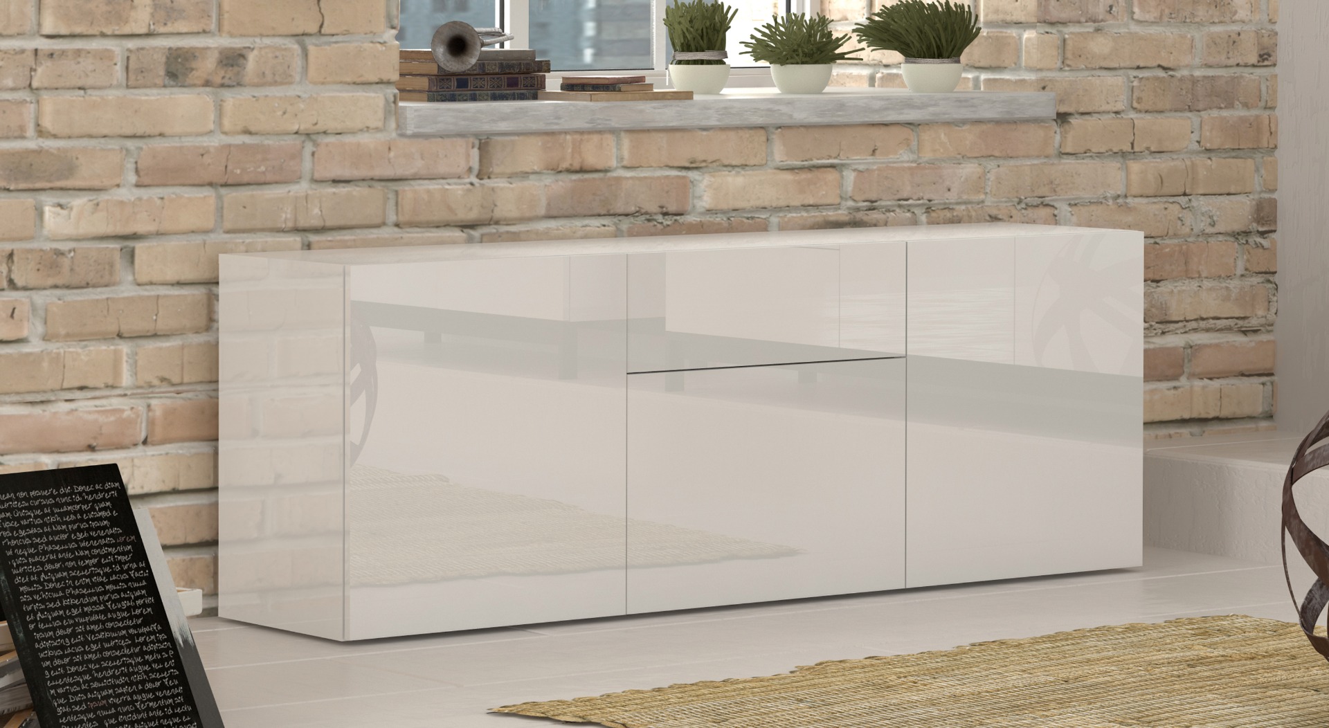 Credenza moderna bianca laccata lucido, 3 ante 1 cassetto