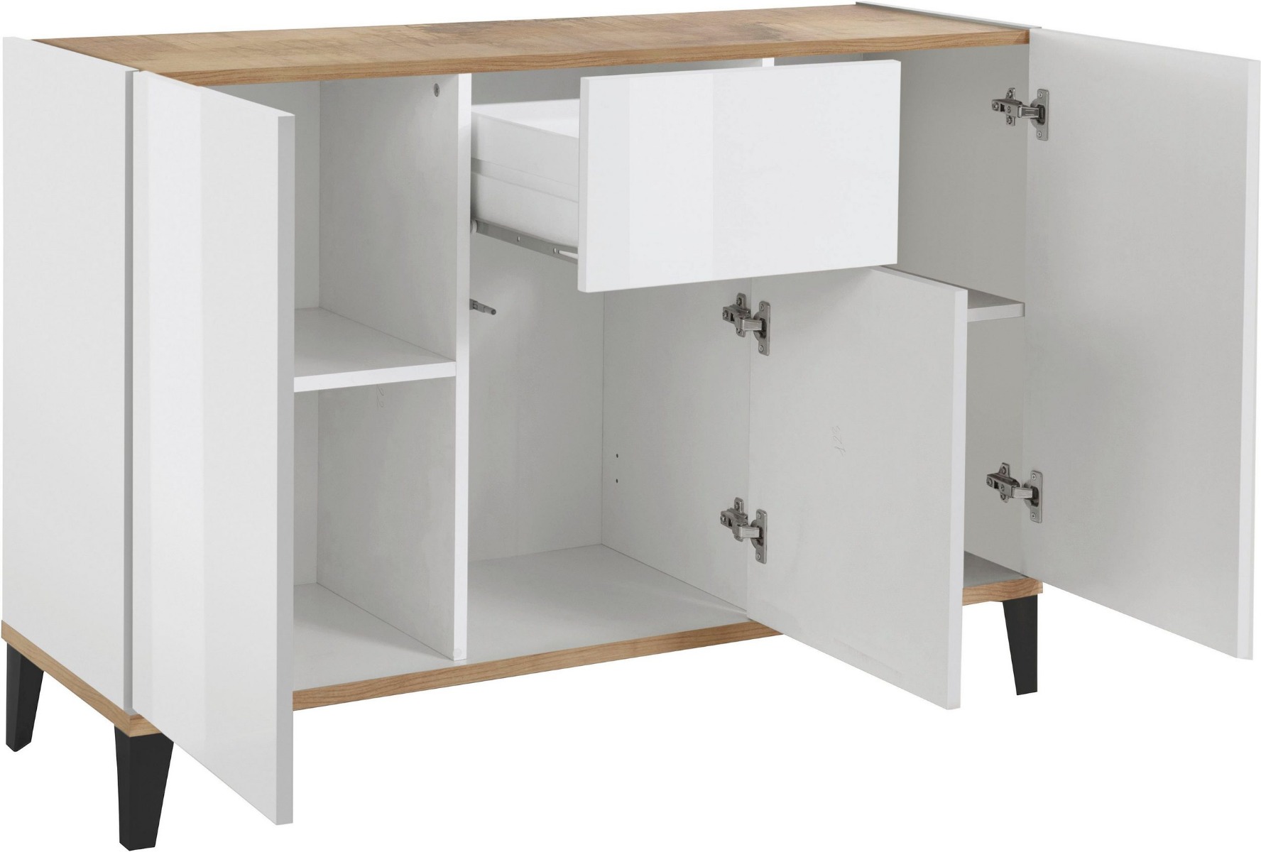 Madie economiche, Credenza moderna Bianca lucido e pero, 3 ante 1 cassetto