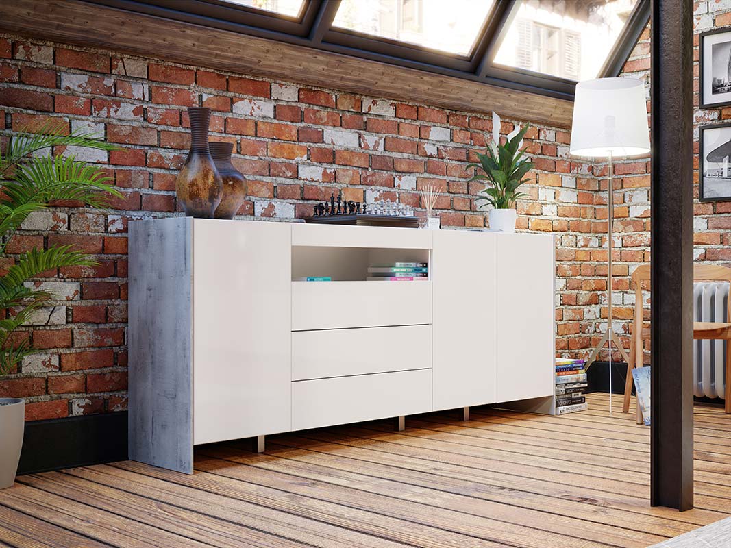 Soggiorno con parete attrezzata e madia, Bianca lucido e Grigio loftwood