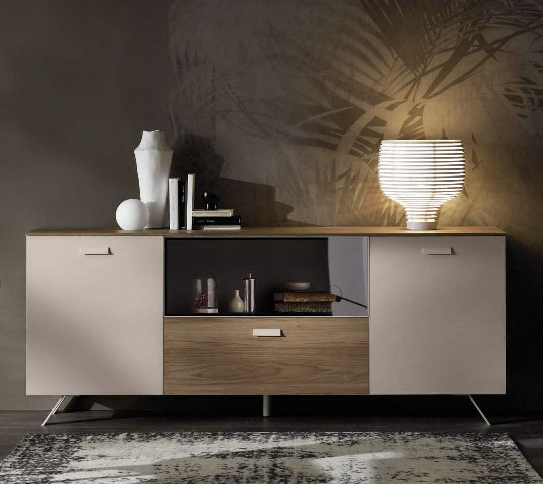 Madia Kerid di qualità con 2 ante, 1 cassetto e una ribalta vetro  in finitura Cachemire e Noce naturale