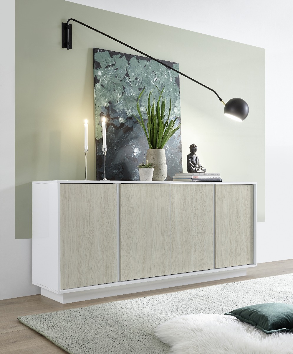 Credenza scontata a 4 ante, Bianco lucido e Olmo