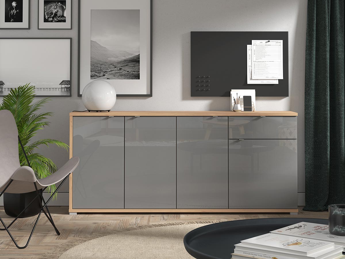 Credenza per soggiorno moderna, finitura Grigio grafite e Rovere