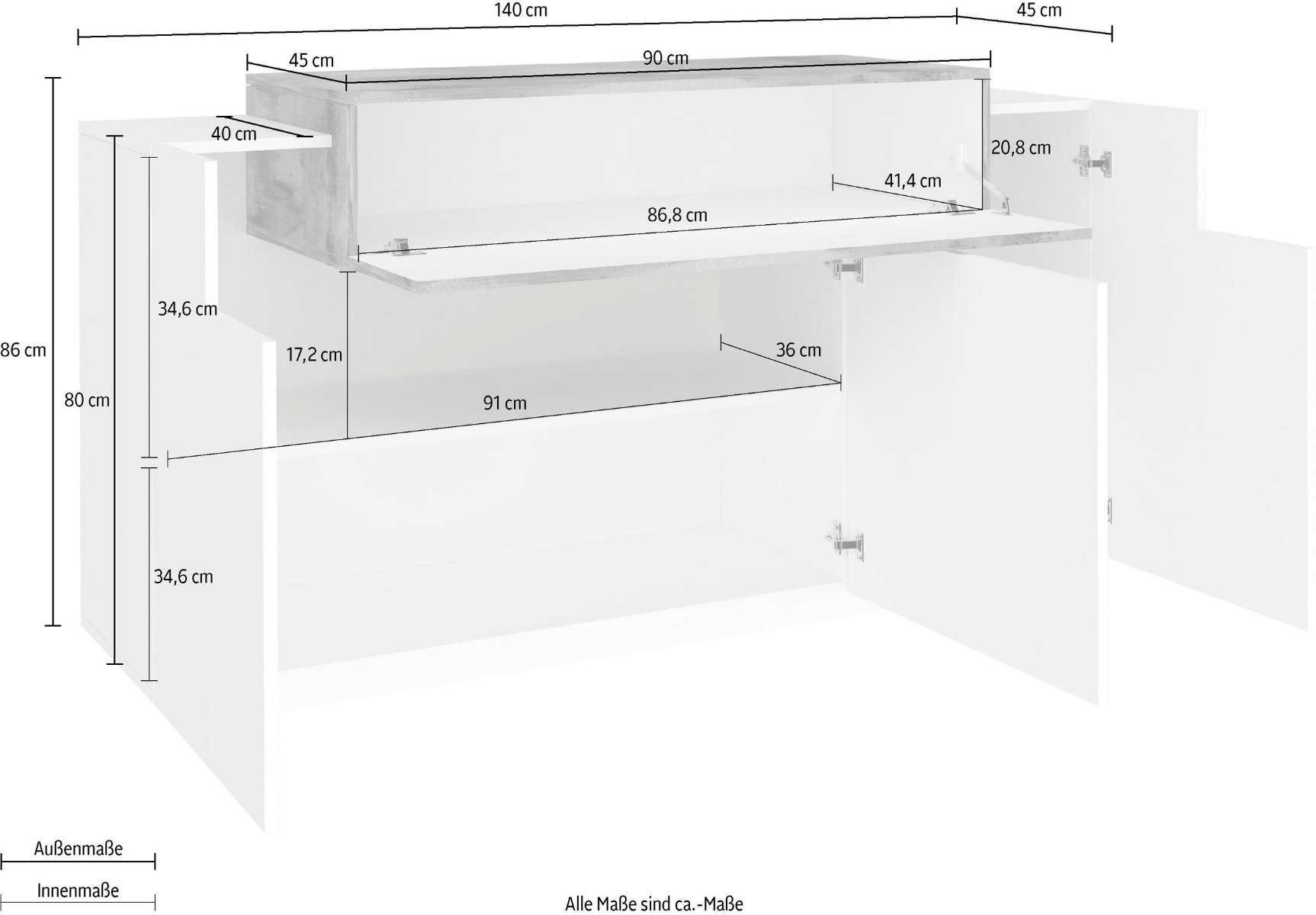 Offerta credenza moderna 3 ante, 1 ribalta in Bianco lucido e Pero
