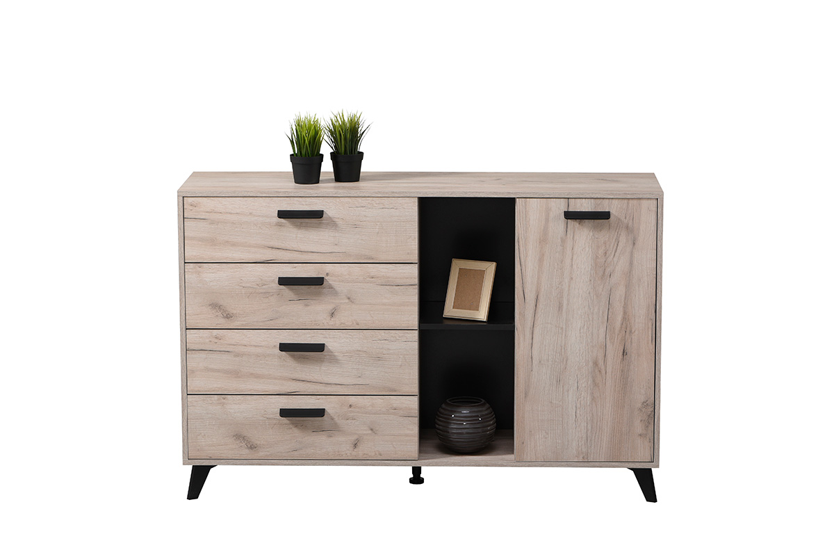 Madia moderna 4 cassetti e un'anta, Rovere grigio e Nero