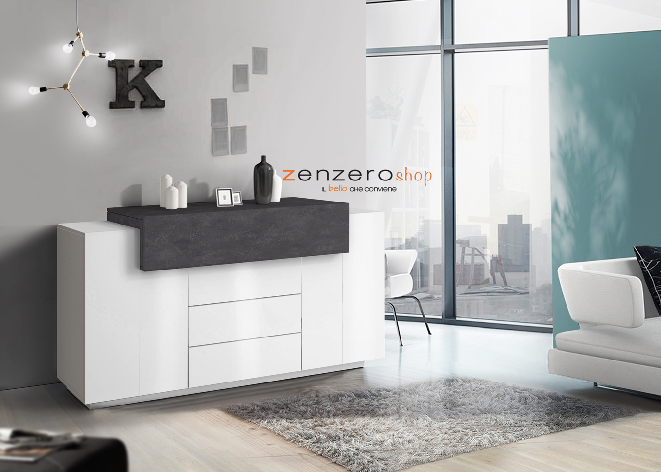 Madia bianca e ardesia con 2 ante, 3 cassetti e una ribalta