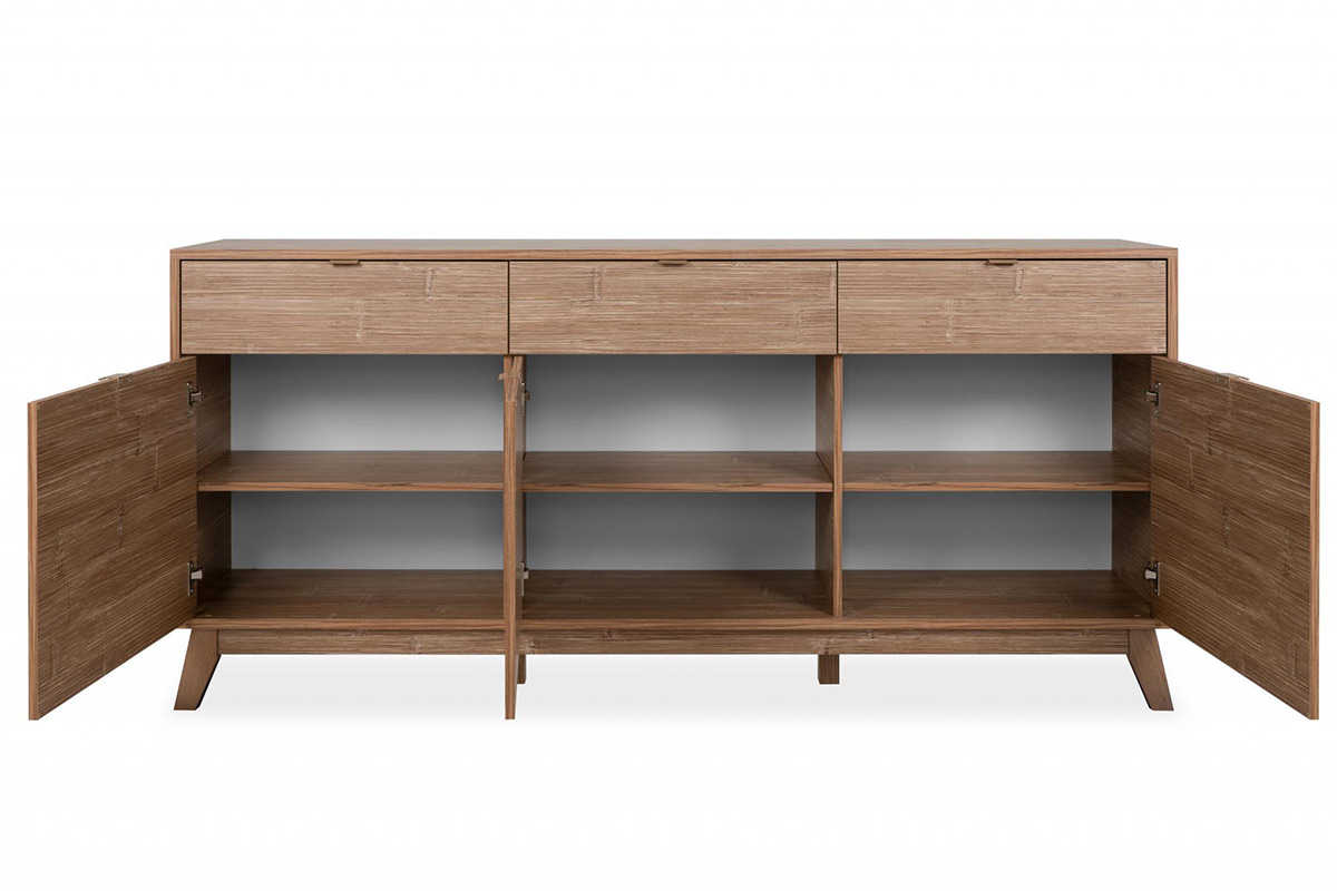 Credenza di design in finitura bamboo con tre ante e tre cassetti 